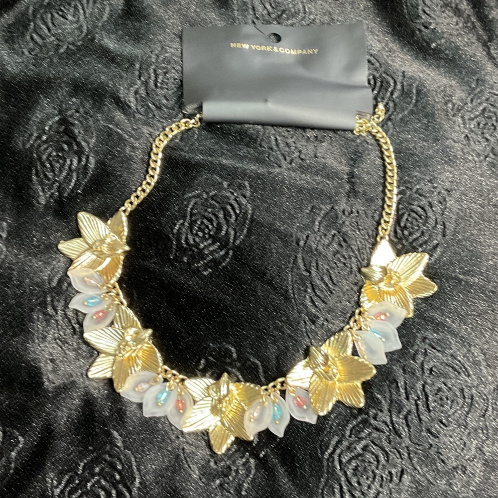 New York & Company Gold Floral Necklace with Iridescent Petals